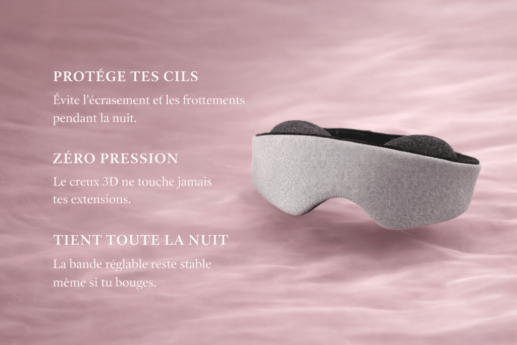 Masque de sommeil DreamLash présenté avec description du design 3D ergonomique